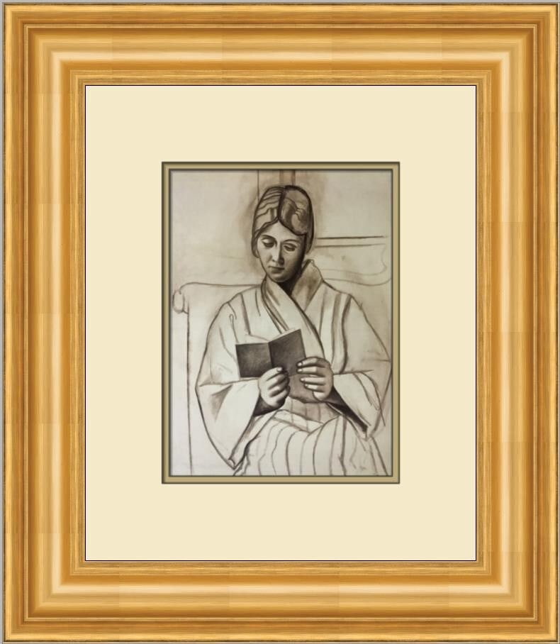 Pablo Picasso Olga Reading Custom Framed Surrealist Print 1985: Pablo Picasso Olga Reading Custom Framed Surrealist Print 1985 This exquisite custom framed print features the artwork 'Olga Reading' by Pablo Picasso, showcasing his unique surrealism style. Measurin