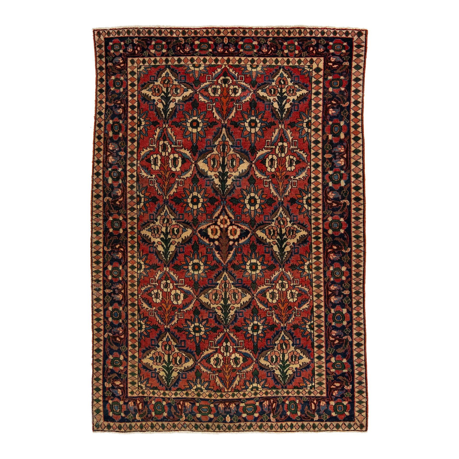Vintage Handmade Shiraz Wool Rug Red 4'10 x 7'2 Multicolor Accents: Vintage Handmade Shiraz Wool Rug Red 4'10 x 7'2 Multicolor Accents This vintage handmade Shiraz wool rug features a vibrant red field adorned with multicolor accents throughout its intricate motif. Me