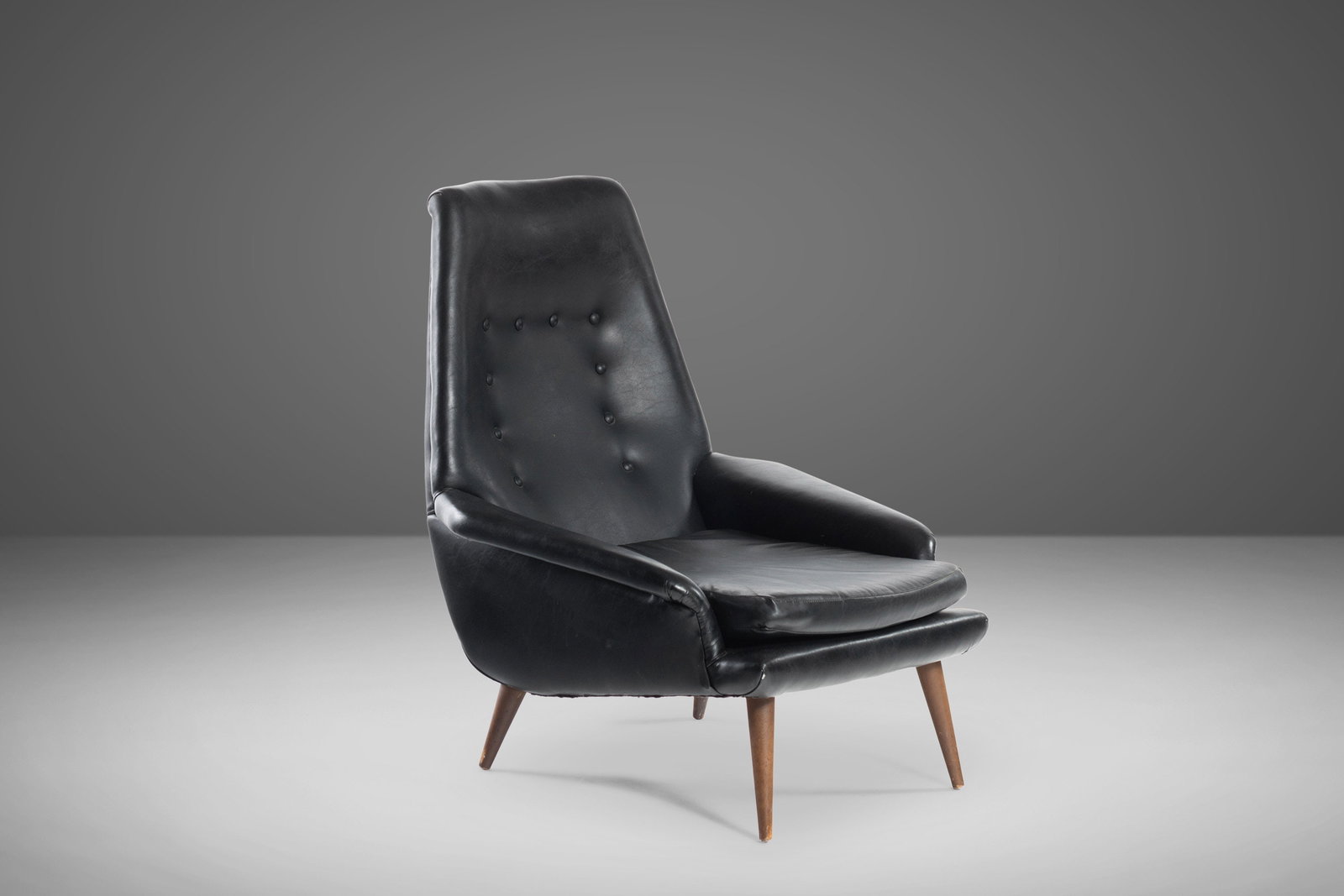 Danish Modern High Back Lounge Chair Vinyl Upholstery 1960s: Danish Modern High Back Lounge Chair Vinyl Upholstery 1960s Experience the charm of the 1960s with this Danish Modern High Back Lounge Chair, featuring original vinyl upholstery and exquisite tufted b