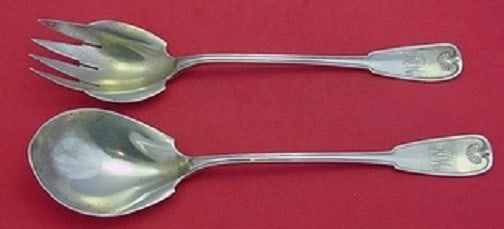 Tiffany & Co Palm Sterling Silver Salad Serving Set 2pc Monogrammed: Tiffany & Co Palm Sterling Silver Salad Serving Set 2pc Monogrammed This exquisite 2-piece salad serving set from Tiffany & Co. is crafted from high-quality sterling silver and showcases the elegant P