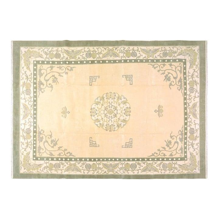 Hand Knotted Wool Chinese Art Deco Rug Gold 9'09" x 13'10": Hand Knotted Wool Chinese Art Deco Rug Gold 9'09" x 13'10" This vintage Chinese Art Deco rug features a hand-knotted wool construction, showcasing traditional craftsmanship with a modern design sensib