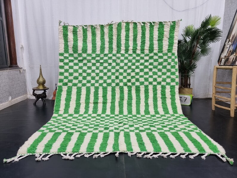 Authentic Handmade Moroccan Berber Wool Rug Green White 9.84 x 6.56 Feet: Authentic Handmade Moroccan Berber Wool Rug Green White 9.84 x 6.56 Feet Experience the warmth and authenticity of this Soft Green & White Handmade Moroccan Berber Wool Rug. Skillfully handwoven in th