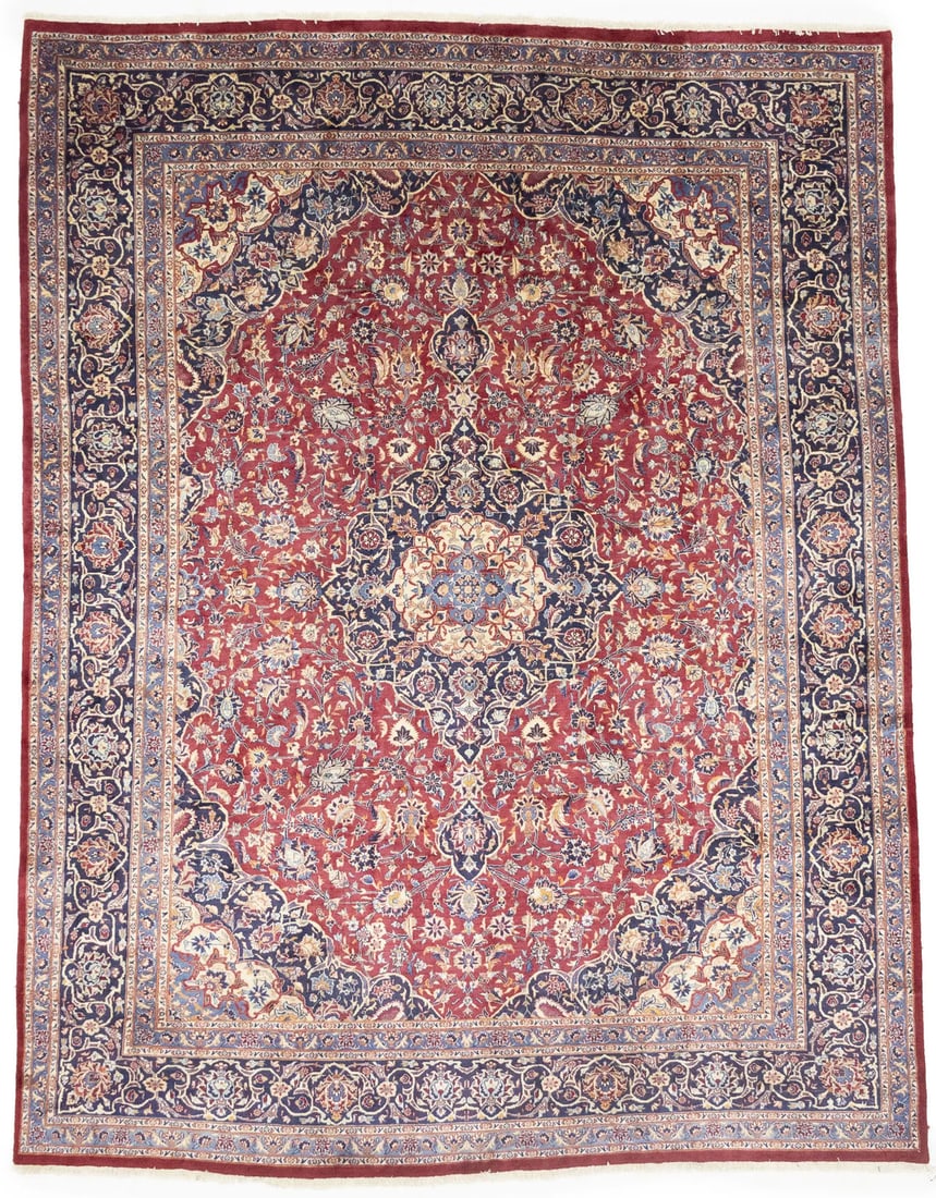 Vintage Hand-Knotted Wool Floral Area Rug 9'9 x 12'7 Classic Red Design: Vintage Hand-Knotted Wool Floral Area Rug 9'9 x 12'7 Classic Red Design This vintage hand-knotted wool rug features a classic floral pattern in rich red, purple-navy, cream, gold, blue, and beige tone