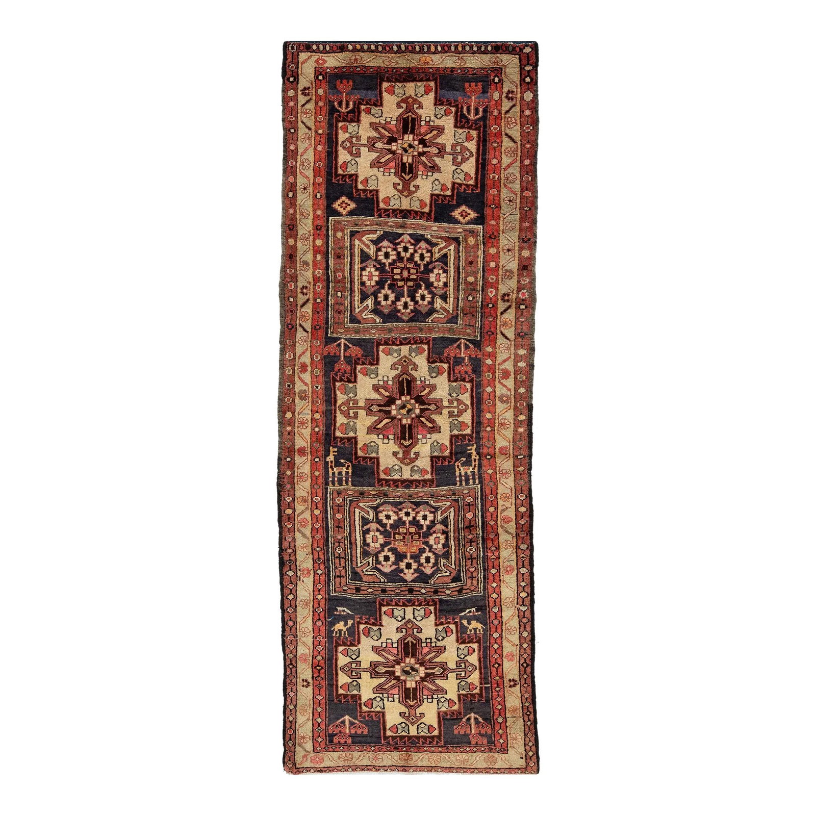 Vintage Persian Heriz Dark Blue Wool Rug Tribal Design 3'5 x 9'9: Vintage Persian Heriz Dark Blue Wool Rug Tribal Design 3'5 x 9'9 Elevate your space with this exquisite vintage handmade Persian wool rug, showcasing a stunning dark blue field enriched with intricate