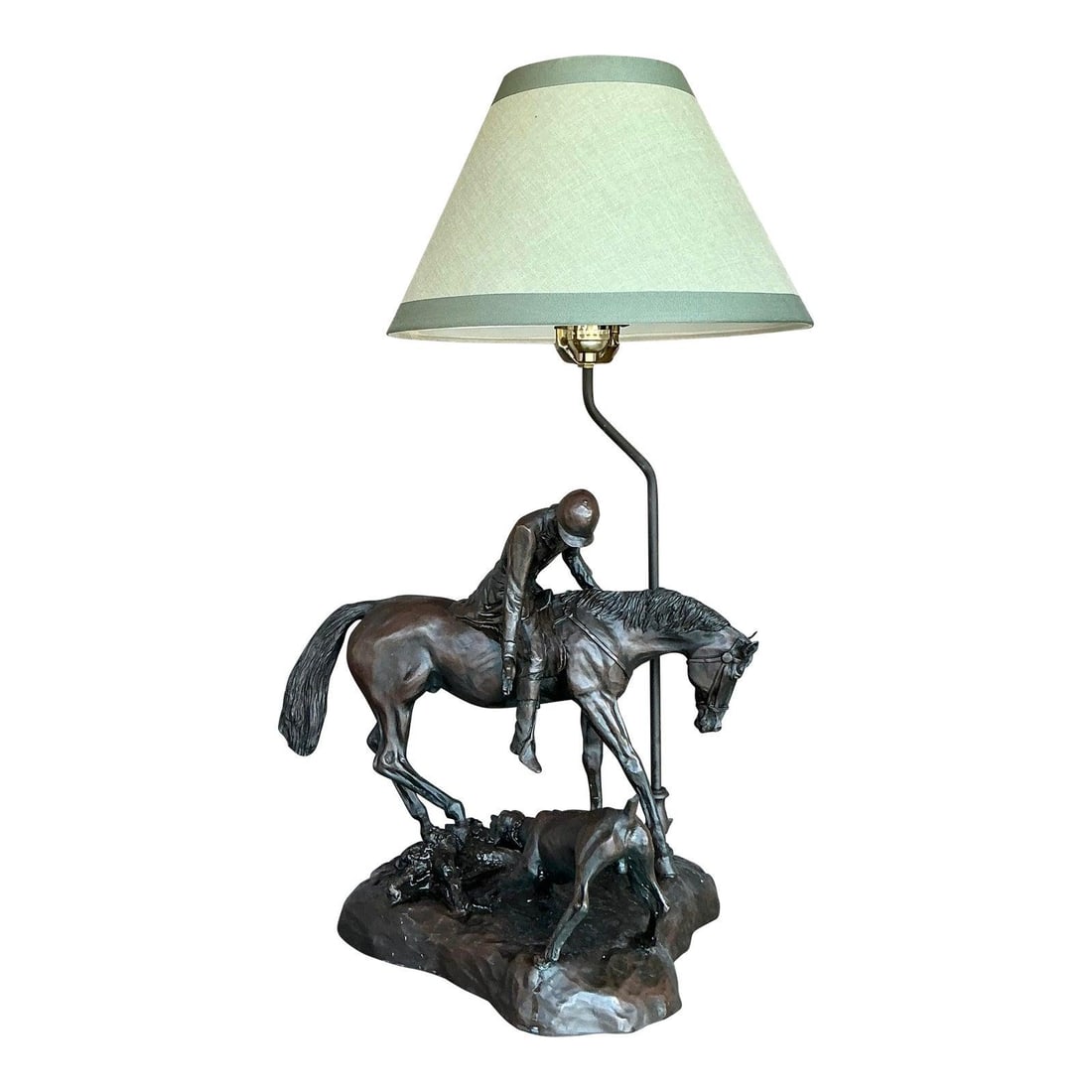 Vintage Boho Bronze Horse Rider Lamp with Sage Green Shade: Vintage Boho Bronze Horse Rider Lamp with Sage Green Shade Illuminate your space with this Vintage Boho Bronze Horse and Rider Lamp, a stunning piece that captures a serene equestrian moment. The scul