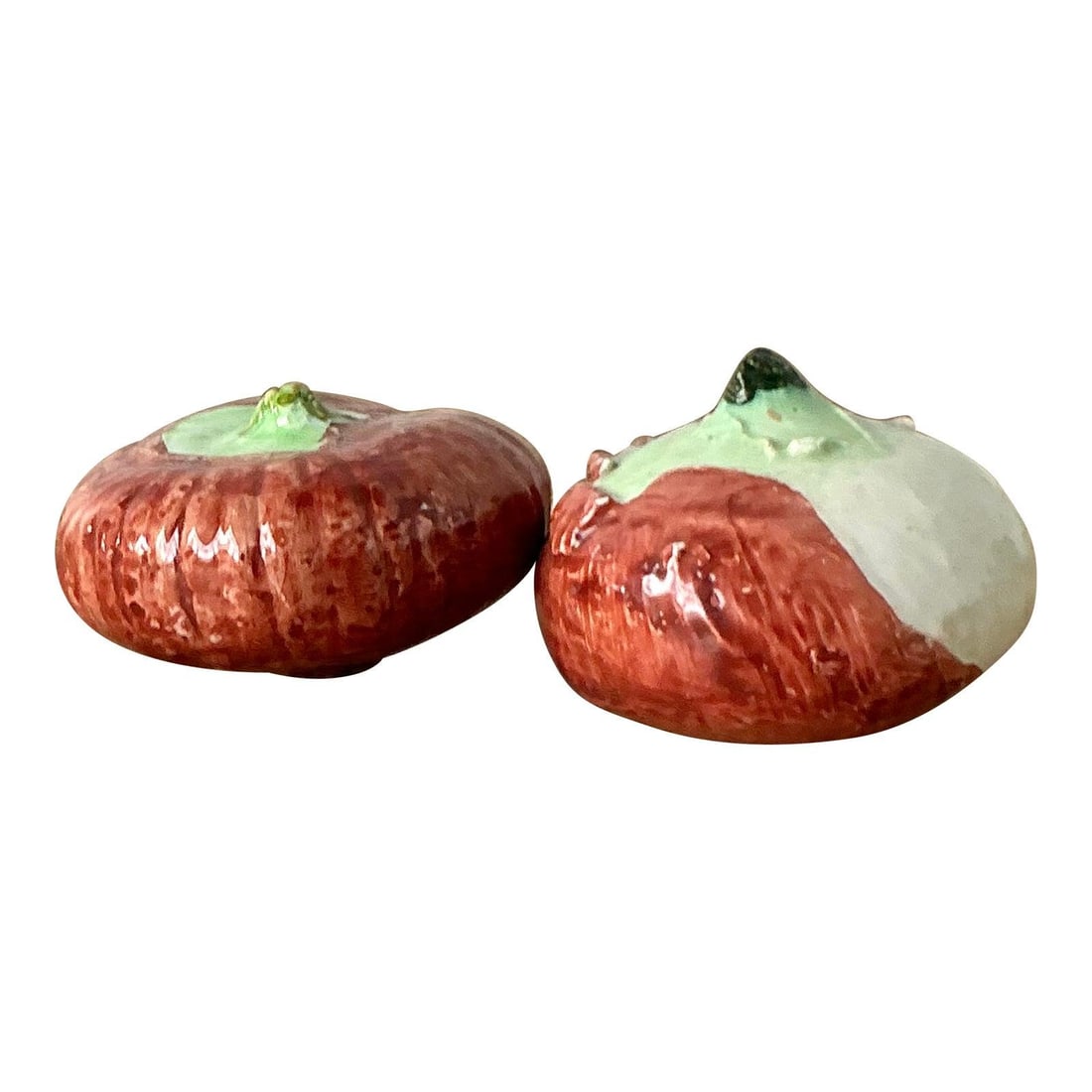 Pair of Italian Majolica Glazed Ceramic Persimmon Fruit Figurines Set of 2: Pair of Italian Majolica Glazed Ceramic Persimmon Fruit Figurines Set of 2 This set of two vintage Italian majolica persimmons exemplifies the trompe l'oeil tradition in European ceramic art. Handcraf