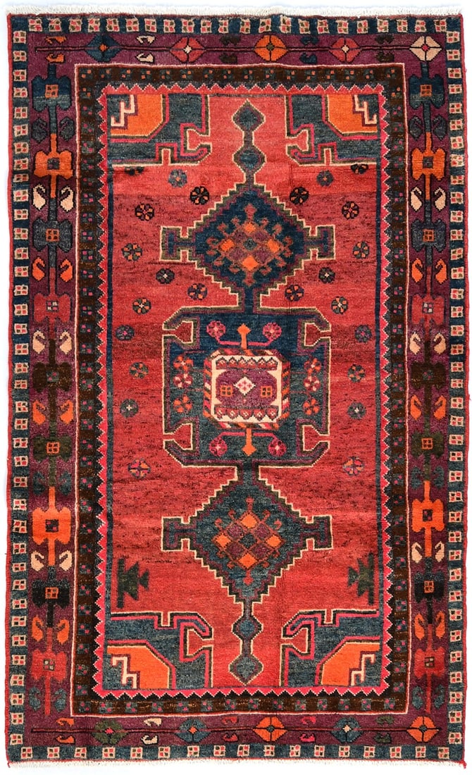 Hand Knotted Wool Vintage Tribal Area Rug 4'2 x 6'11: Hand Knotted Wool Vintage Tribal Area Rug 4'2 x 6'11 This vintage hand-knotted tribal area rug features a muted palette of rose red, violet, cream, dark brown, and gray. Crafted from wool, it showcase
