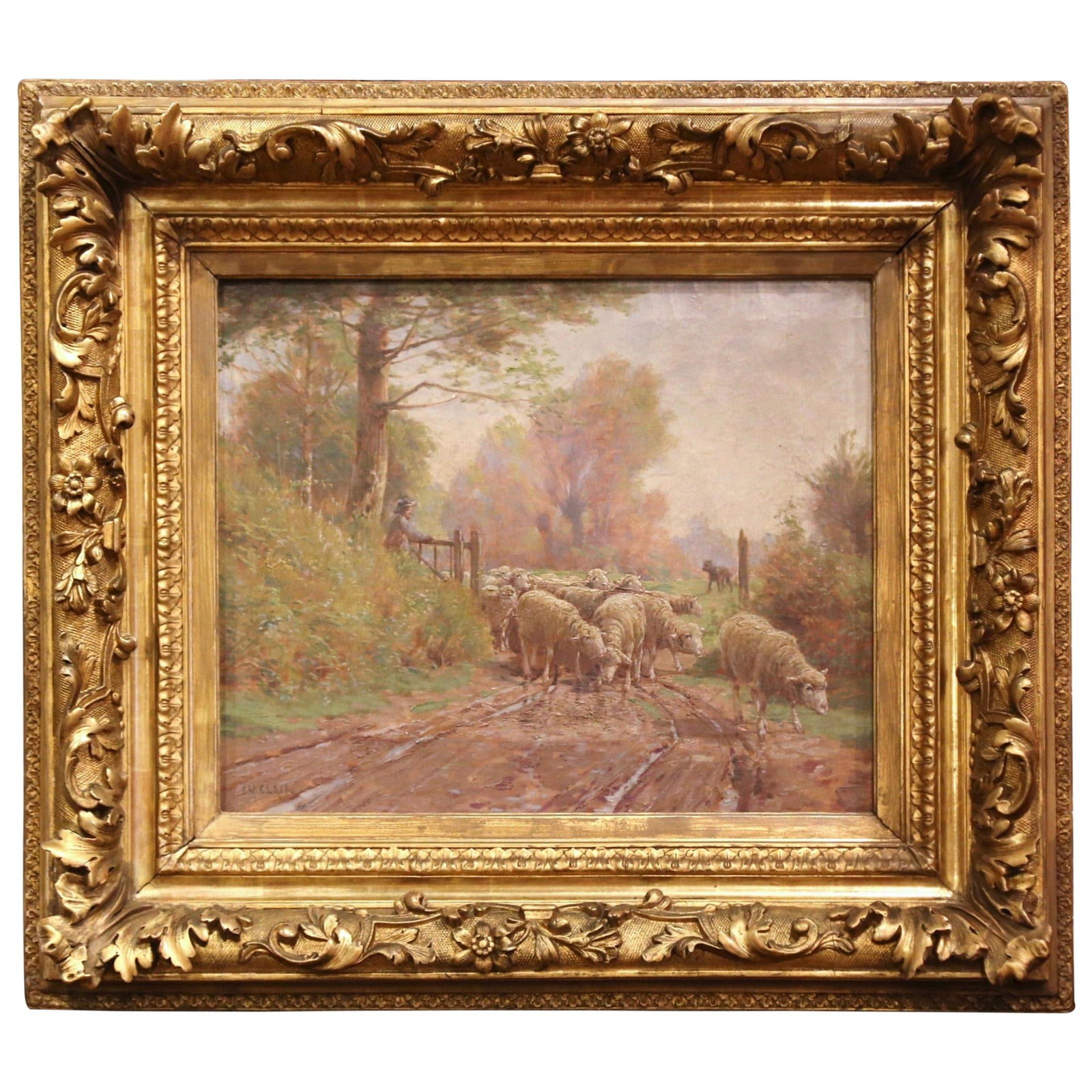 19th Century Oil Painting Shepherd and Flock by Charles H Clair in Giltwood Frame: 19th Century Oil Painting Shepherd and Flock by Charles H Clair in Giltwood Frame Capture the pastoral charm of 19th-century France with this stunning oil on canvas titled "Shepherd and Flock" by Char