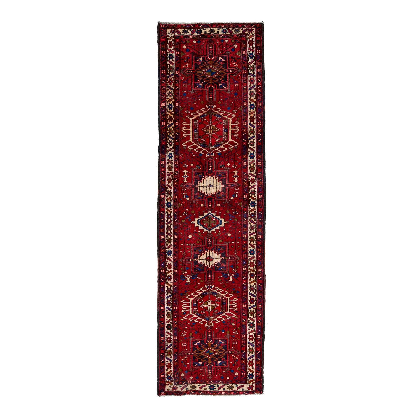 Vintage 1950s Persian Heriz Hand-Knotted Wool Rug Red Tribal Design 3'2 x 10'9: Vintage 1950s Persian Heriz Hand-Knotted Wool Rug Red Tribal Design 3'2 x 10'9 This exquisite hand-knotted vintage Persian Heriz rug features a vibrant red field adorned with a beautifully designed mu