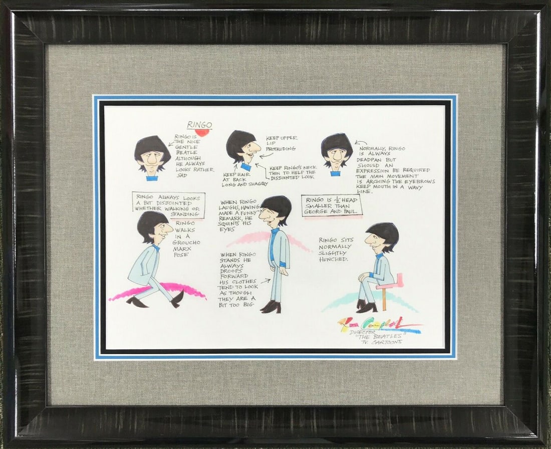 Ron Campbell signed Beatles Ringo Starr model sheet custom framed: Ron Campbell signed Beatles Ringo Starr model sheet custom framed This is an original model sheet drawing of Ringo Starr from The Beatles, hand-signed by artist Ron Campbell. The artwork is custom fra