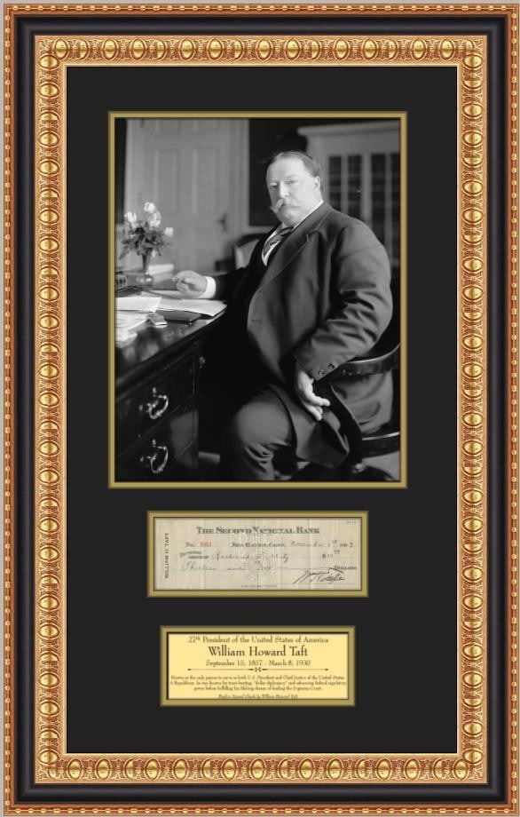 William Howard Taft Framed Display With Facsimile Signed Check and Portrait: William Howard Taft Framed Display With Facsimile Signed Check and Portrait This custom-framed display features a facsimile reproduction of a check signed by President William Howard Taft, the 27th Pr