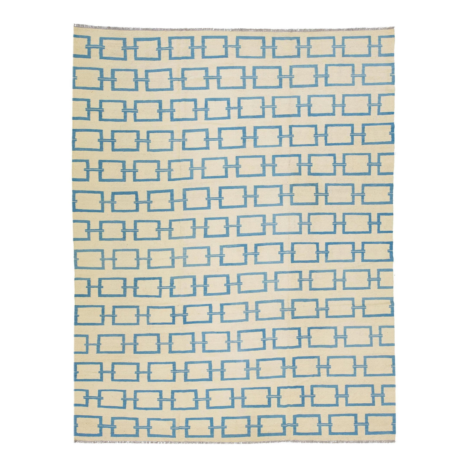Beige Turkish Kilim Rug 9'3 x 12' Wool with Blue Geometric Design: Beige Turkish Kilim Rug 9'3 x 12' Wool with Blue Geometric Design Enhance your space with this stunning contemporary Turkish Kilim rug, meticulously handwoven from high-quality wool. The rug features 
