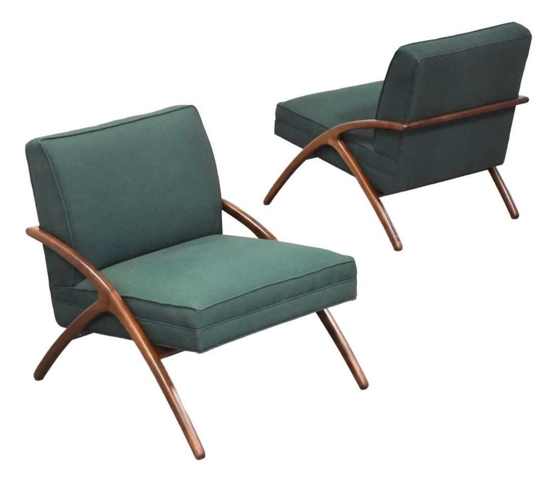 1960s Mid-Century Modern Green Lounge Chairs Pair Solid Birch: 1960s Mid-Century Modern Green Lounge Chairs Pair Solid Birch This exquisite pair of mid-century modern lounge chairs features a striking green upholstery and a classic walnut-colored finish. Crafted 