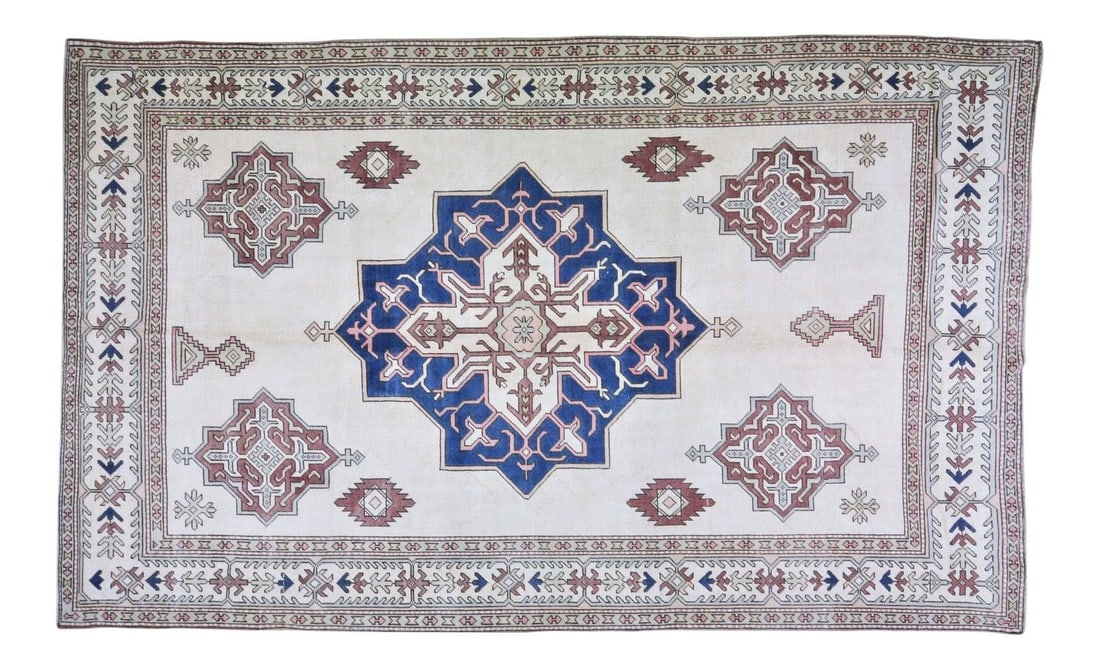 Fine Weave Oushak Rug Hand Knotted Vintage Turkish Wool 7'9" x 12'4": Fine Weave Oushak Rug Hand Knotted Vintage Turkish Wool 7'9" x 12'4" This vintage Turkish Oushak rug features a hand-knotted construction with organic wool, showcasing natural colors and a geometric p