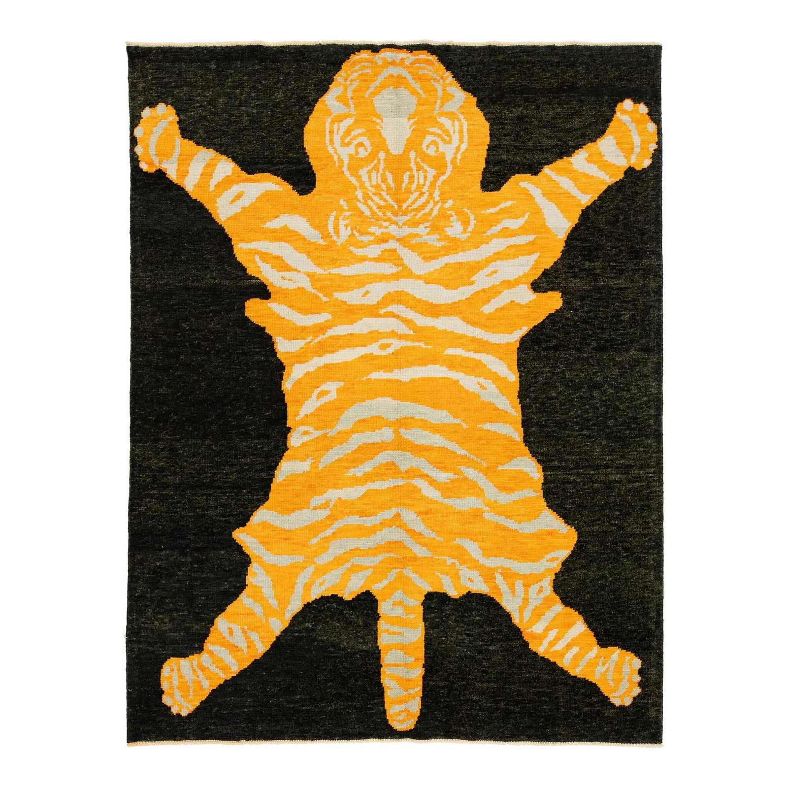 Turkish Art Deco Wool Rug with Tiger Design 6'1 x 7'11: Turkish Art Deco Wool Rug with Tiger Design 6'1 x 7'11 This elegant Handmade Turkish Art Deco wool rug showcases a striking tiger design against a rich black background, enhanced by vibrant orange and