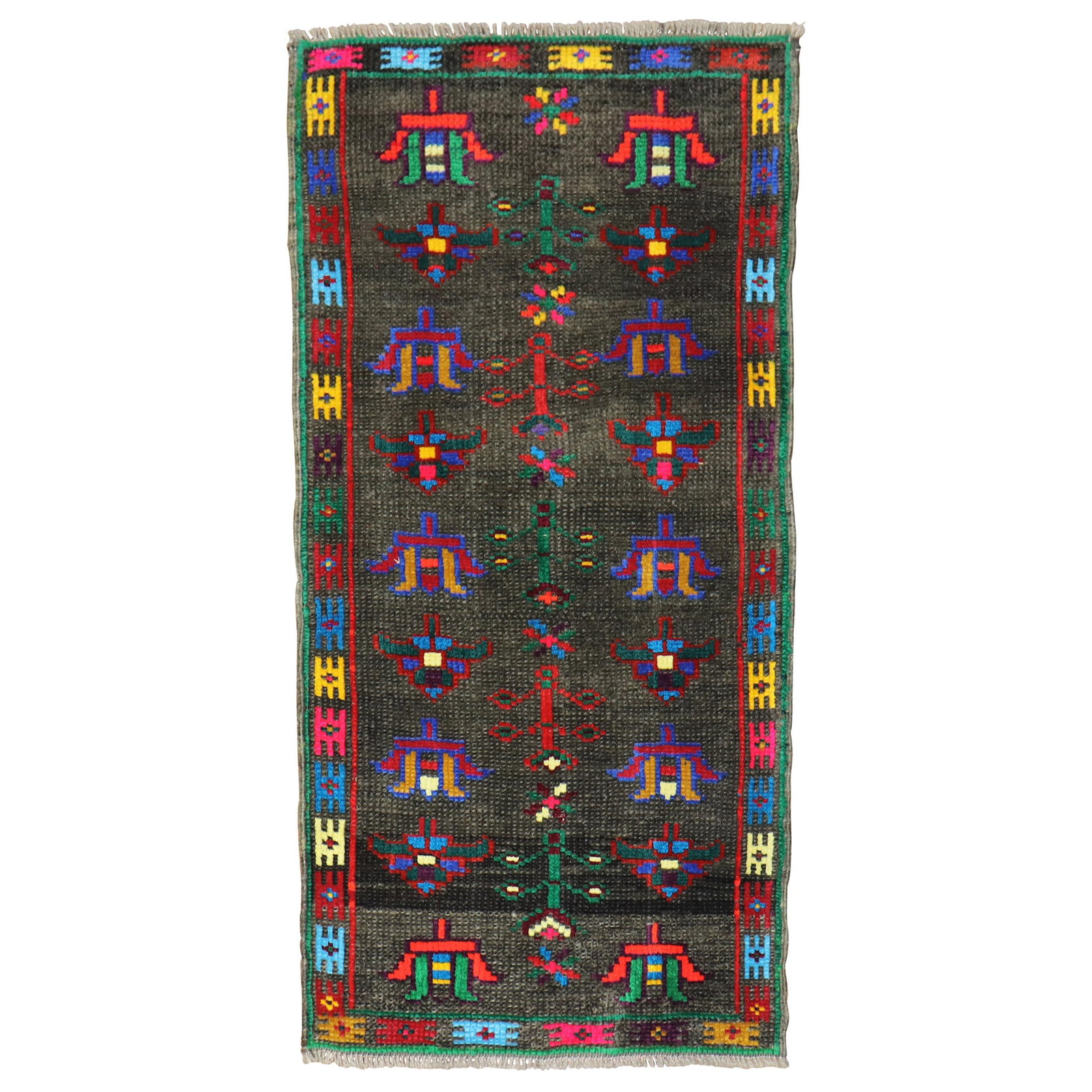 Vintage Turkish Hand-Knotted Wool Mat Rug 18 x 34 Inches: Vintage Turkish Hand-Knotted Wool Mat Rug 18 x 34 Inches This vintage mini Turkish mat rug showcases a unique futurist style, characterized by vibrant floral patterns set against a rich brown backgrou