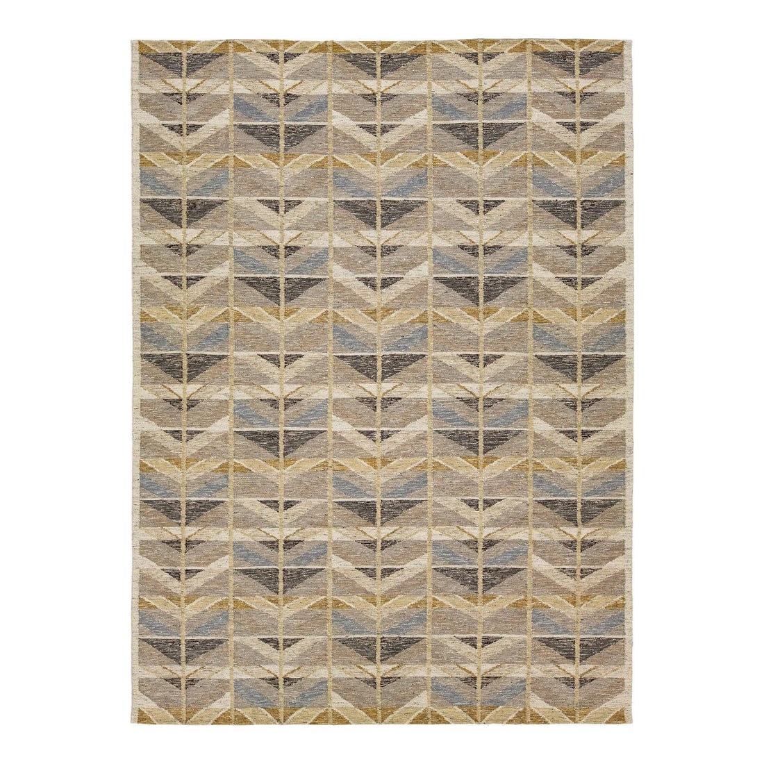 Swedish Geometric Flat-Weave Wool Rug 10' x 13'8' in Earthy Tones: Swedish Geometric Flat-Weave Wool Rug 10' x 13'8' in Earthy Tones Enhance your living space with this stunning Swedish-style flat-weave rug, expertly hand-knotted from premium wool. The rug showcases 