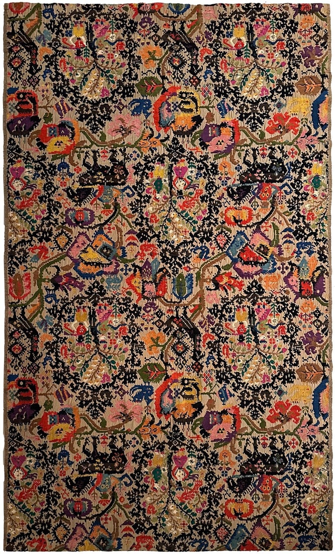 Handmade Silk Cotton Tapestry 4x7ft Human Horse Motif: Handmade Silk Cotton Tapestry 4x7ft Human Horse Motif This rare vintage flatwoven tapestry is handmade from silk and cotton, featuring a unique human and horse motif with floral and tree patterns. The