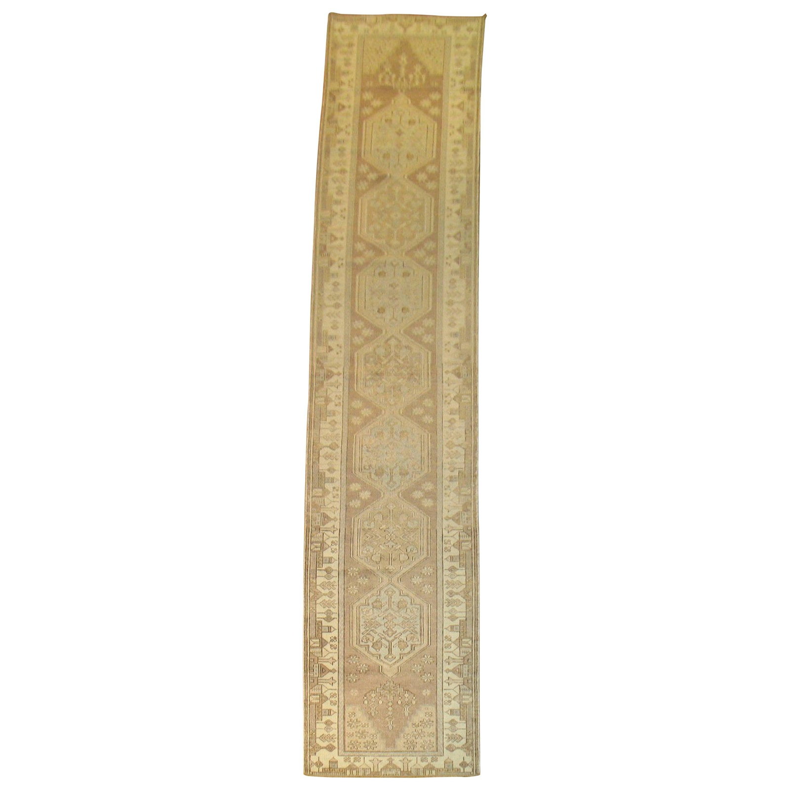 Hand Knotted Turkish Wool Runner with Scenic Border: Hand Knotted Turkish Wool Runner with Scenic Border This midcentury Turkish runner features a neutral brown field complemented by a tan border adorned with scenic depictions of homes and buildings. Ha