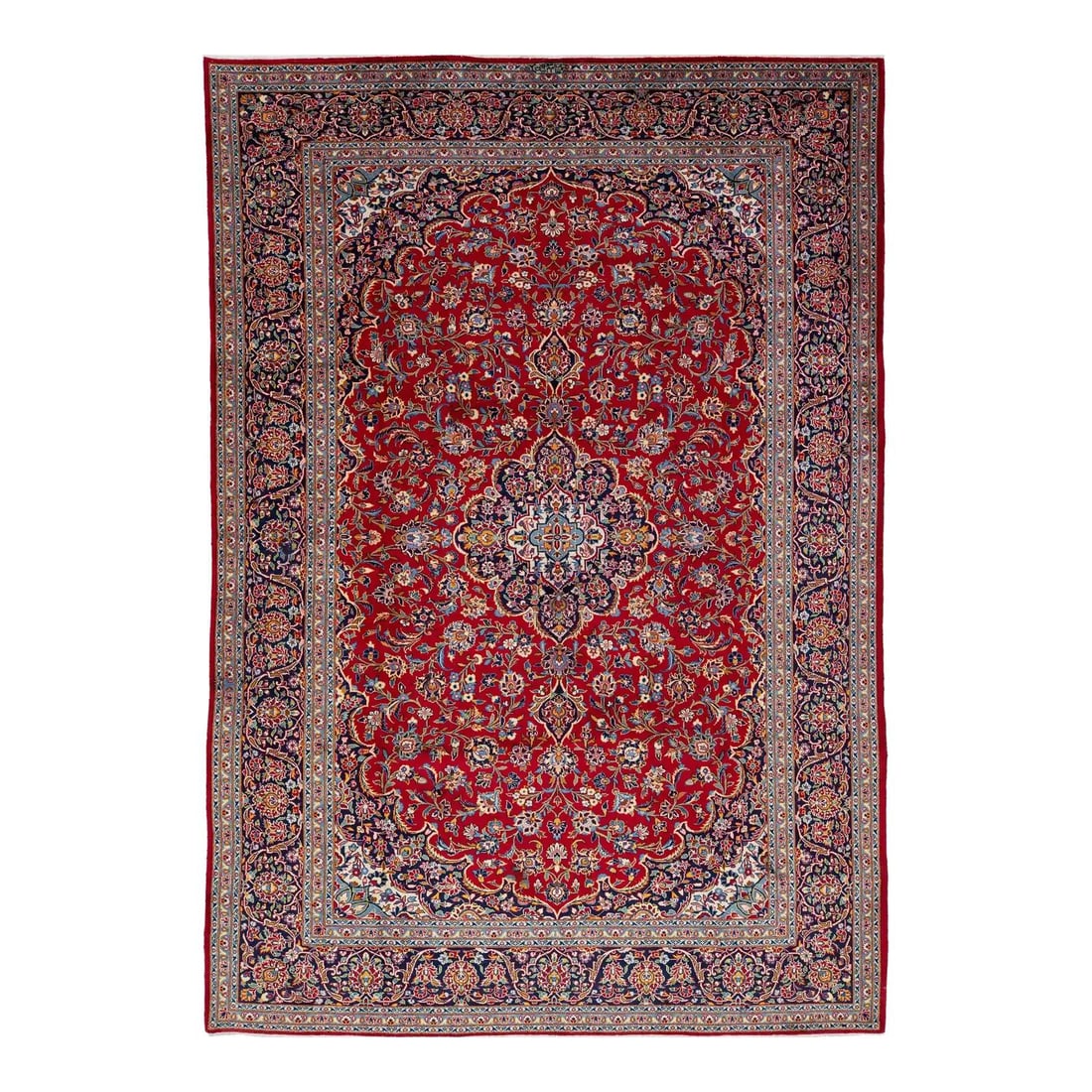 Vintage Kashan 8'3 x 12'1 Persian Wool Rug Red Rosette Motif: Vintage Kashan 8'3 x 12'1 Persian Wool Rug Red Rosette Motif Enhance your space with this exquisite vintage Kashan hand-knotted Persian wool rug, showcasing a vibrant red background complemented by a 