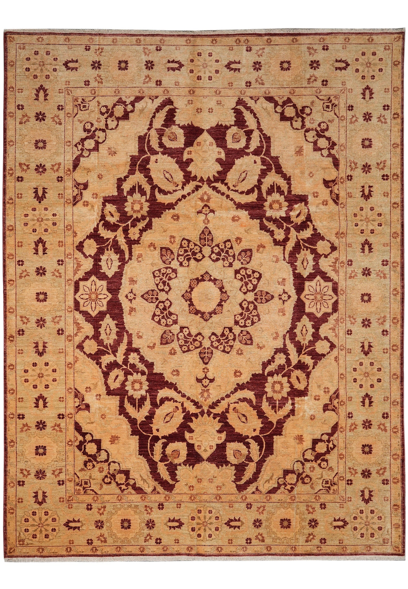 9 x 11.6 Handmade Ziegler Rug Burgundy Gold Hand Knotted Wool: 9 x 11.6 Handmade Ziegler Rug Burgundy Gold Hand Knotted Wool Free continental US Shipping This handmade Ziegler rug features a rich burgundy and gold palette with a natural quality finish. It is hand