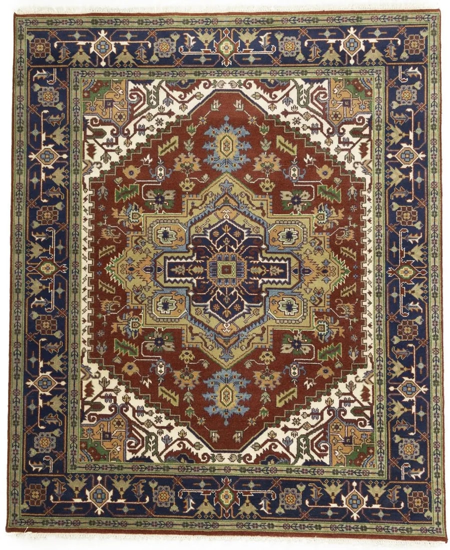 Hand-Knotted 8'3 x 9'11 Wool Geometric Area Rug in Rusty Red: Hand-Knotted 8'3 x 9'11 Wool Geometric Area Rug in Rusty Red This Heriz Serapi area rug features a hand-knotted wool construction with a striking geometric pattern in rusty red, dark navy, green, beig