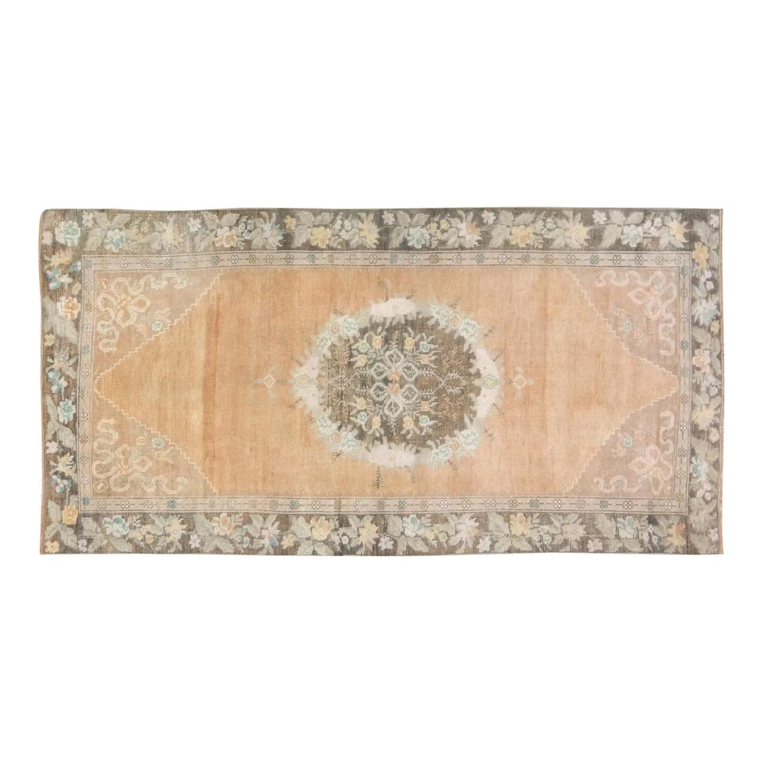 Handcrafted Anatolian Wool Area Rug Apricot 4'2'' x 8'2'': Handcrafted Anatolian Wool Area Rug Apricot 4'2'' x 8'2'' This vintage Turkish Anatolian hand-knotted wool rug showcases traditional craftsmanship, blending classic artistry with a modern design sensi