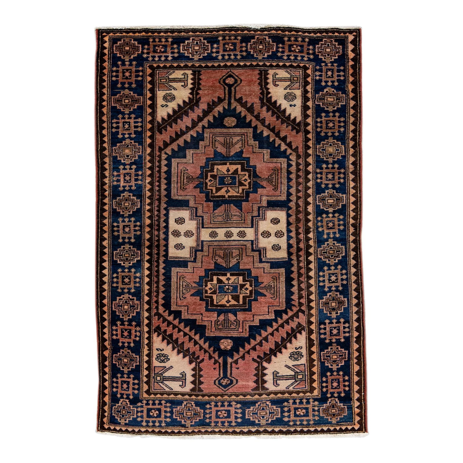 Vintage Handmade Persian Wool Rug Ivory Geometric Design 4'3" X 6'3": Vintage Handmade Persian Wool Rug Ivory Geometric Design 4'3" X 6'3" Discover the charm of this beautiful Vintage Persian hand-knotted wool rug, featuring a stunning ivory field enhanced by multicolor