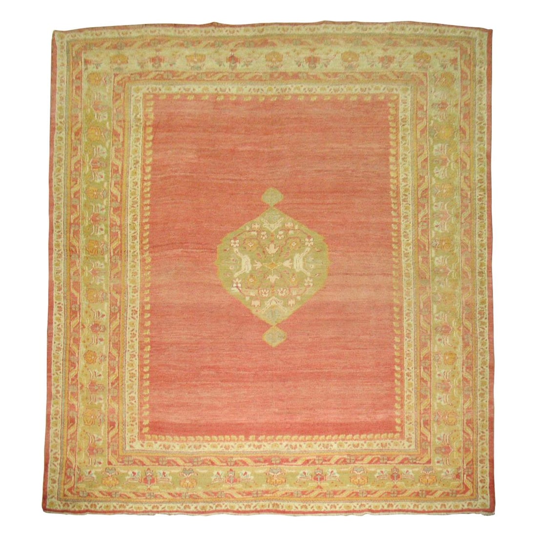 19th Century Turkish Oushak Angora Wool Hand-Woven Rug 10' x 11'4'': 19th Century Turkish Oushak Angora Wool Hand-Woven Rug 10' x 11'4'' Presenting a stunning 19th Century Turkish Oushak rug, meticulously hand-woven from premium Angora wool. This exquisite piece featur