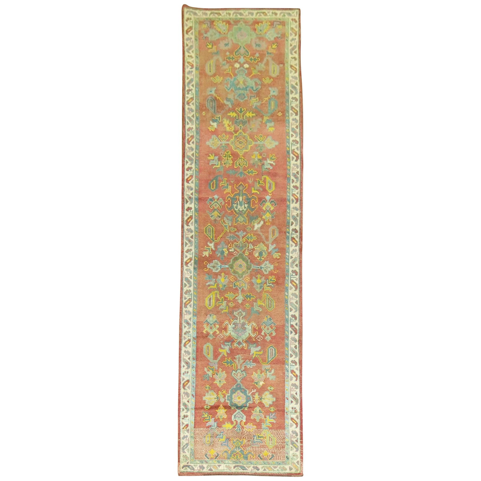 Vintage Hand-Woven Turkish Oushak Runner 3'2'' x 12'10'': Vintage Hand-Woven Turkish Oushak Runner 3'2'' x 12'10'' This exquisite Antique Turkish Oushak Runner showcases a vibrant design and rich history, making it a unique addition to any space. Hand-woven 