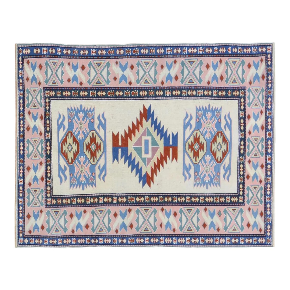 Blue Wool Hand Knotted Anatolian Rug 4'5" x 5'9" Vintage Turkish: Blue Wool Hand Knotted Anatolian Rug 4'5" x 5'9" Vintage Turkish This vintage Turkish Anatolian rug features a hand-knotted construction with natural colors, a contemporary style, and a soft texture. 