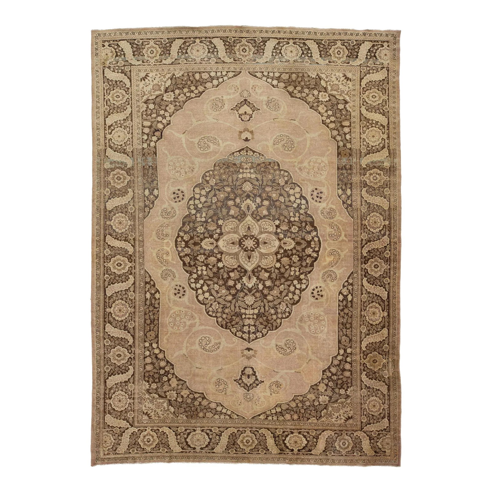 Persian Antique Tabriz Wool Rug 9'5 x 13 Peach Center Motif: Persian Antique Tabriz Wool Rug 9'5 x 13 Peach Center Motif Enhance your space with this exquisite antique hand-knotted Tabriz wool rug. Featuring a beautiful peach-colored field adorned with intricat