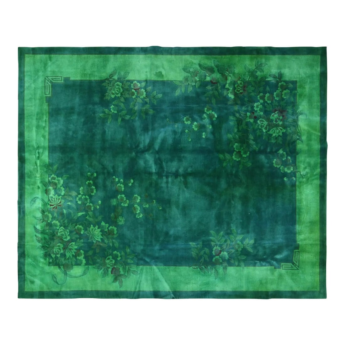 Hand-Knotted Wool Green Art Deco Chinese Area Rug 8x10: Hand-Knotted Wool Green Art Deco Chinese Area Rug 8x10 This vintage Chinese Art Deco rug is hand-knotted from wool using traditional techniques, blending classic craftsmanship with a modern design app