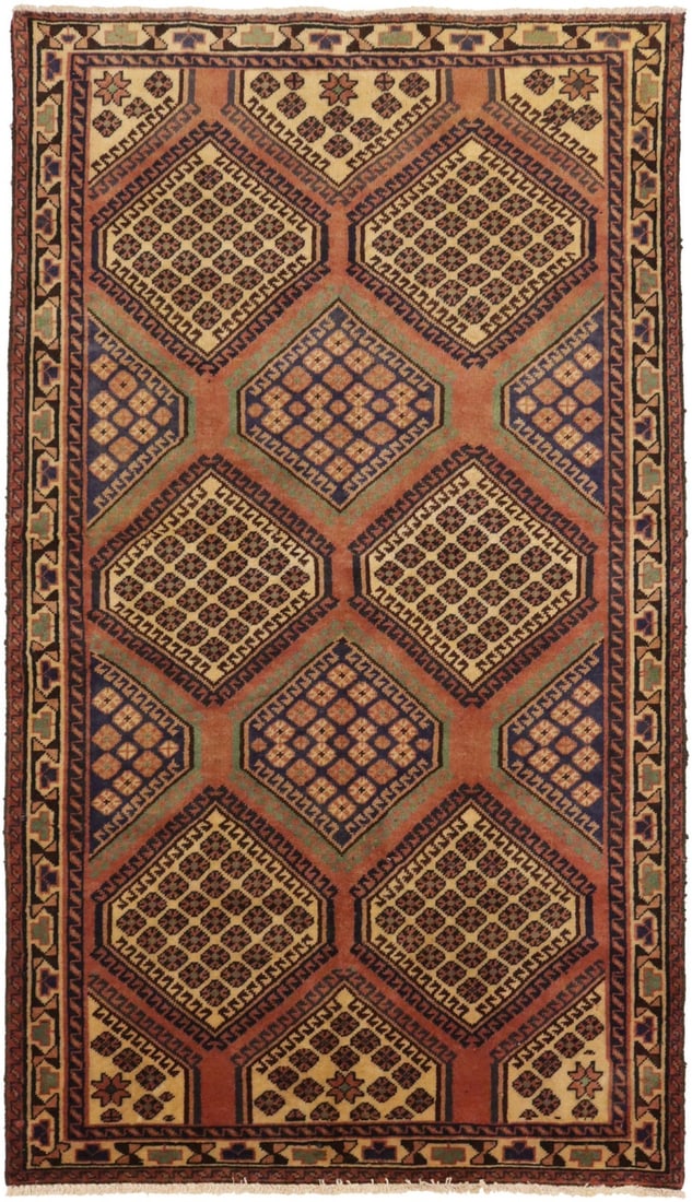 Vintage 1960s Tribal Geometric Wool Area Rug 4'1 x 7'3: Vintage 1960s Tribal Geometric Wool Area Rug 4'1 x 7'3 Enhance your space with this Vintage Tribal Oriental Rug, perfect for adding character to any room. Measuring 4'1" x 7'3" (87" x 49"), this hand-