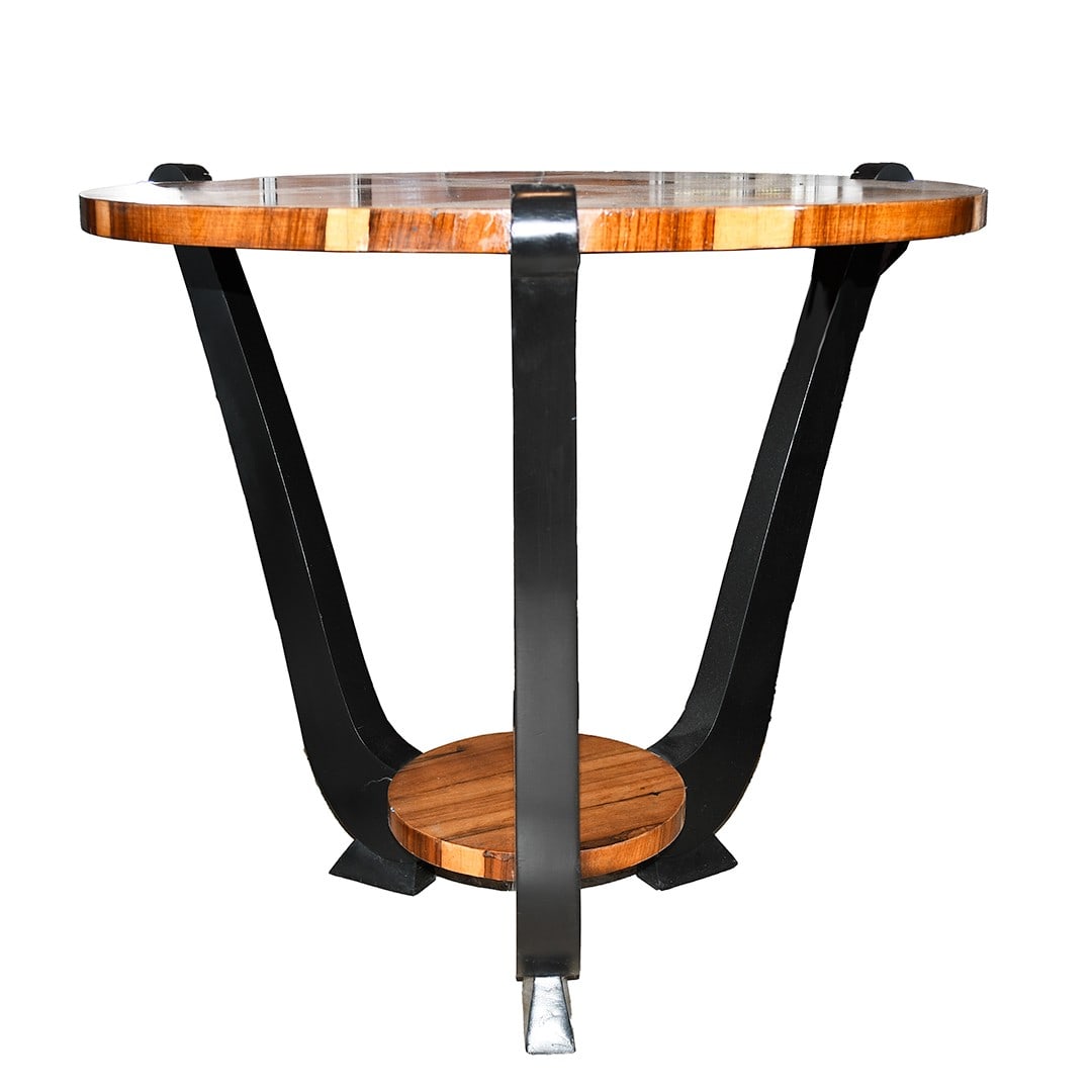 Round Art Deco wooden table with two tiers 31 in x 29 in: Round Art Deco wooden table with two tiers 31 in x 29 in This is an Art Deco two-tier wooden table featuring a round shape and a rich brown finish. Crafted in the United States, this antique piece dat