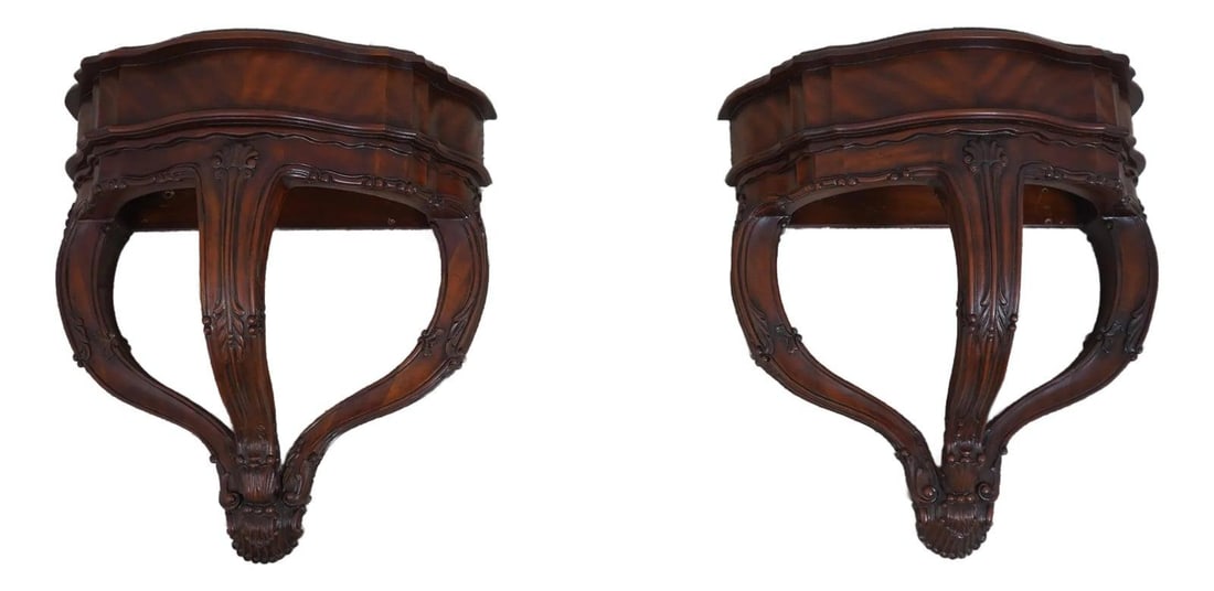 Maitland Smith Regency Style Carved Mahogany Wall Shelves Pair: Maitland Smith Regency Style Carved Mahogany Wall Shelves Pair This elegant pair of wall shelves showcases exquisite craftsmanship with intricate carved details, made from solid mahogany. Designed in 
