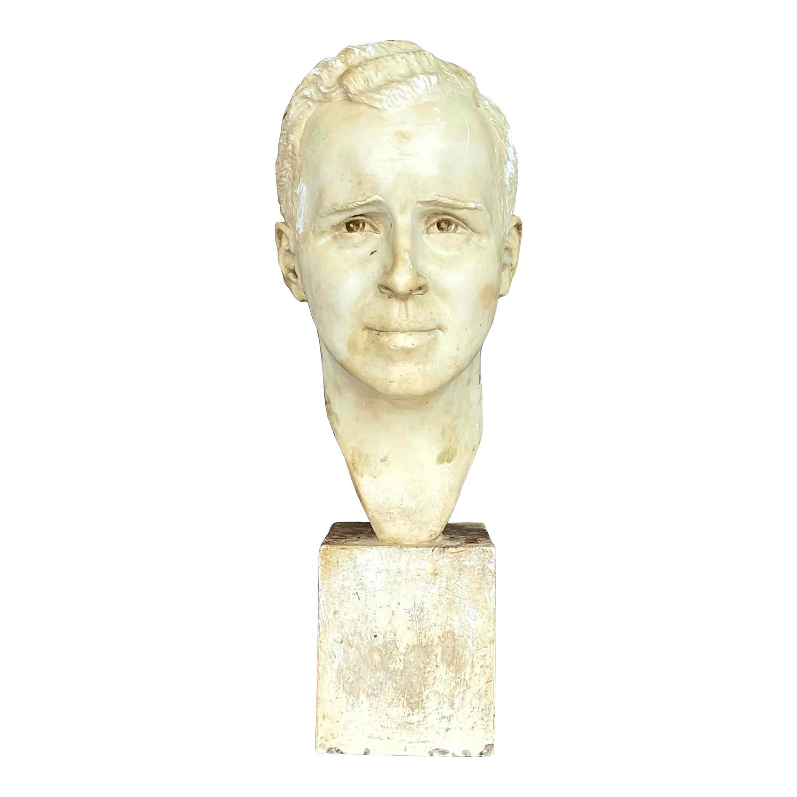 1949 Vintage Boho Signed Alabaster Plaster Bust of Man: 1949 Vintage Boho Signed Alabaster Plaster Bust of Man Discover a stunning vintage Boho plaster bust of a man, crafted in 1949. This chic piece features a unique all-over patina that adds character an