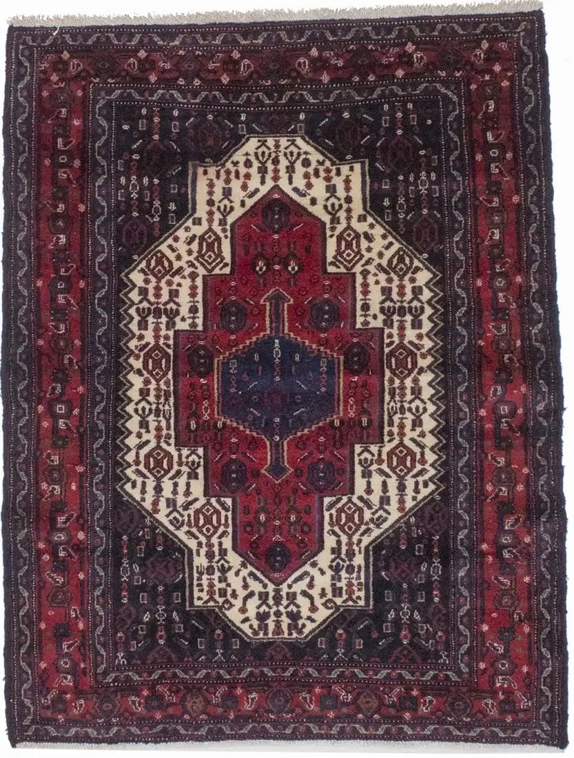 Hand-Knotted Wool Tribal Area Rug 3'11" x 5'3" Vintage Geometric Floral: Hand-Knotted Wool Tribal Area Rug 3'11" x 5'3" Vintage Geometric Floral This handmade vintage oriental area rug features a small floral and geometric design, crafted using a hand-knotted technique fro