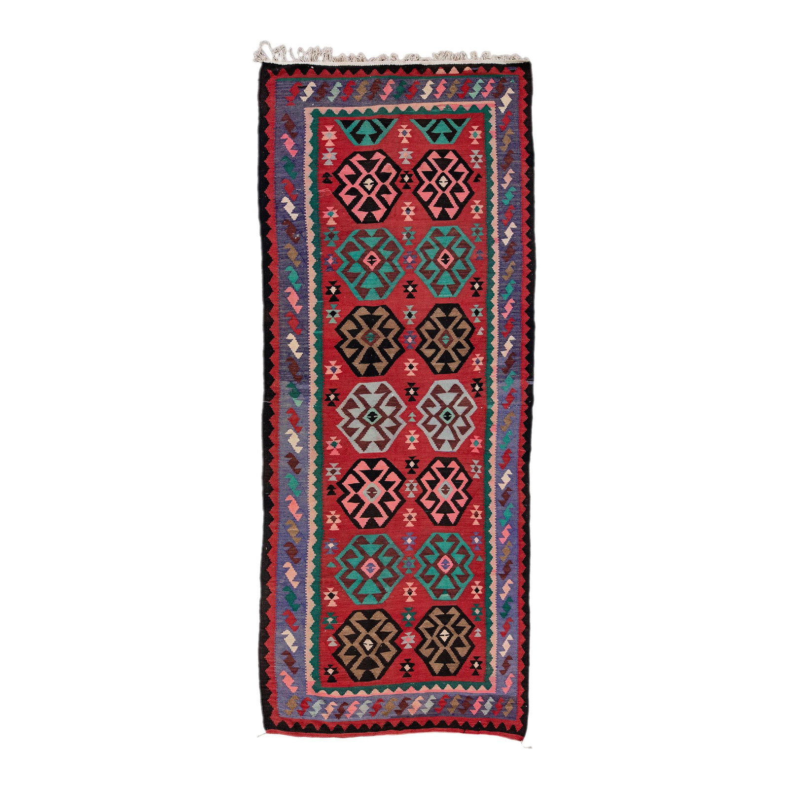 Vintage Turkish Kilim Wool Runner Geometric Tribal Design 5'3 x 12'9: Vintage Turkish Kilim Wool Runner Geometric Tribal Design 5'3 x 12'9 Enhance your space with this exquisite vintage Turkish Kilim runner, meticulously hand-knotted from high-quality wool. Featuring a 
