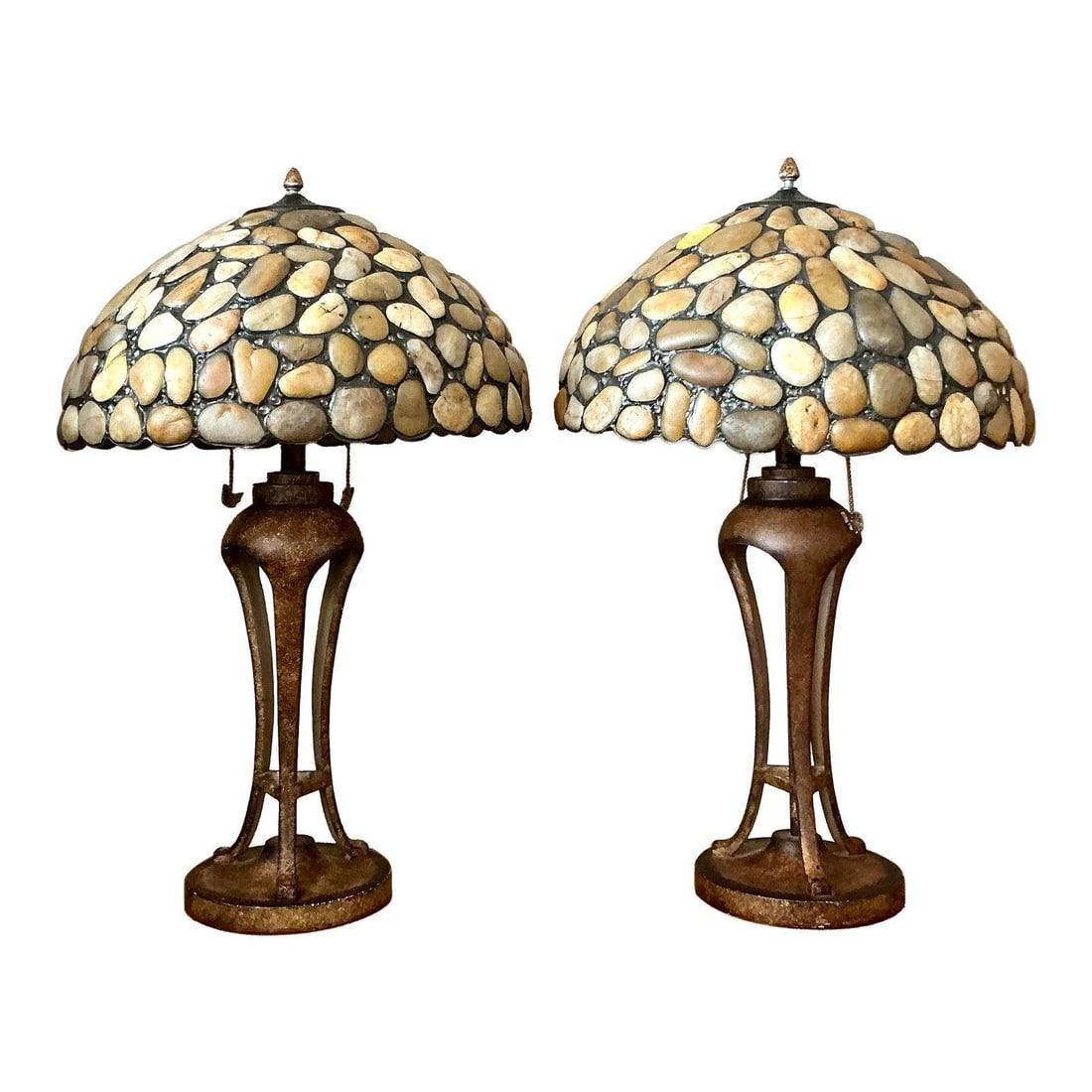Pair of Vintage Boho Stone Table Lamps with Metal Bases: Pair of Vintage Boho Stone Table Lamps with Metal Bases Enhance your living space with this captivating pair of vintage Boho sliced stone lamps. Each lamp features a stunning dome shade, handcrafted f