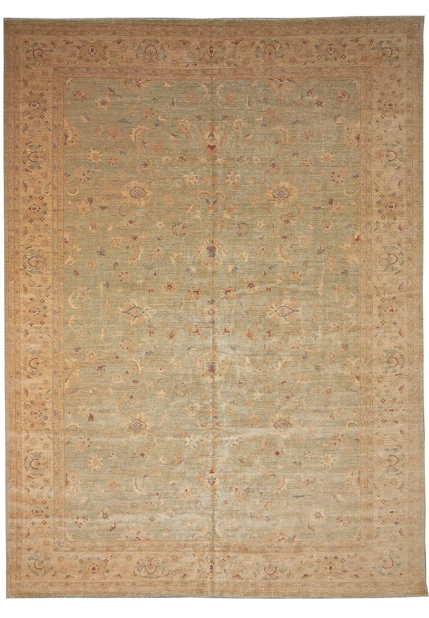 13 x 18 Light Green Chobi Peshawar Zigler Hand-Knotted Wool Rug: 13 x 18 Light Green Chobi Peshawar Zigler Hand-Knotted Wool Rug Free continental US Shipping This handmade Chobi Peshawar Zigler rug features intricate floral motifs, medallions, and detailed borders 