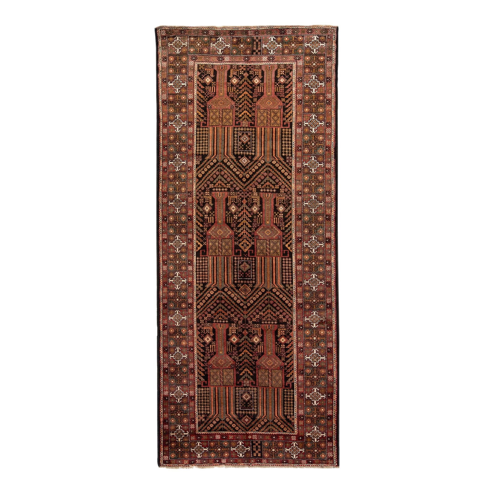 Vintage Persian Shiraz Hand-Knotted Wool Rug 4' x 9'11' Red Geometric Design: Vintage Persian Shiraz Hand-Knotted Wool Rug 4' x 9'11' Red Geometric Design Discover the timeless elegance of this vintage Persian Shiraz rug, handcrafted with care from high-quality wool. Featuring 