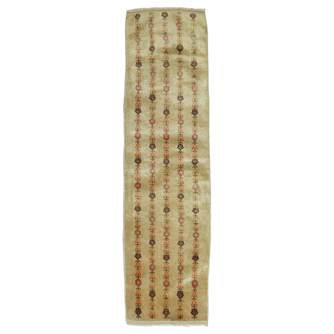 Mid Century Turkish Oushak Wool Runner 16 in x 54 in: Mid Century Turkish Oushak Wool Runner 16 in x 54 in This is a one-of-a-kind vintage Turkish Konya runner featuring a classic Oushak style. Hand-woven from wool, this decorative piece originates from 