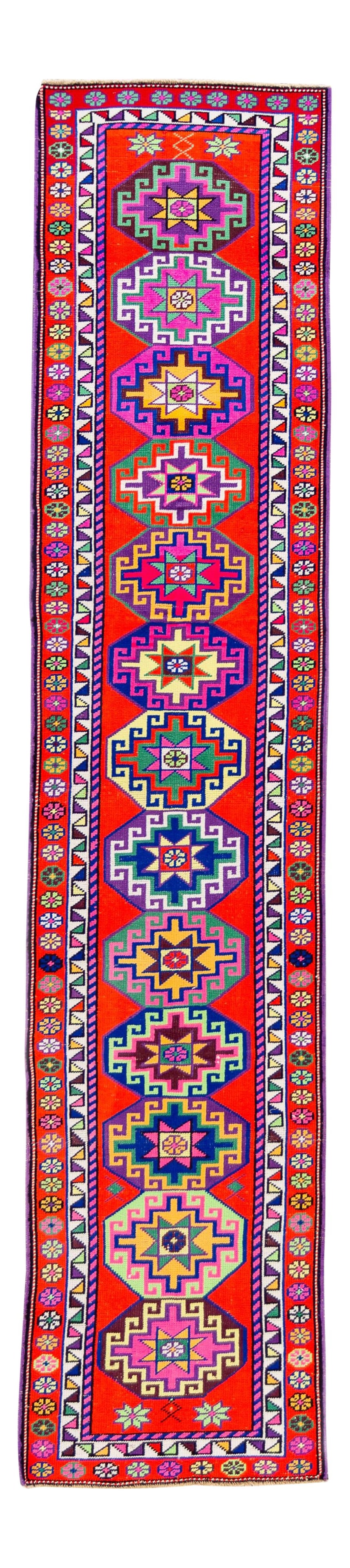 Vintage Turkish Anatolian Runner Rug 2'7 x 12'3 Red Wool Hand-Knotted: Vintage Turkish Anatolian Runner Rug 2'7 x 12'3 Red Wool Hand-Knotted This exquisite hand-knotted vintage Turkish Anatolian runner rug features a striking all-over geometric design in a rich red color