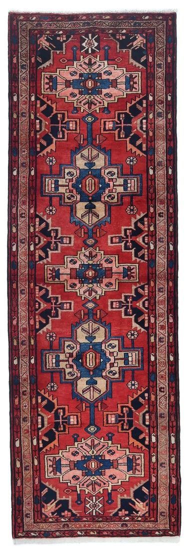 Hand Knotted Wool Tribal Geometric Runner 3'7 X 9'10 Vintage Red: Hand Knotted Wool Tribal Geometric Runner 3'7 X 9'10 Vintage Red Enhance your space with this stunning 4x10 ft Tribal Geometric Oriental Rug, perfect for farmhouse decor in kitchens and hallways. This