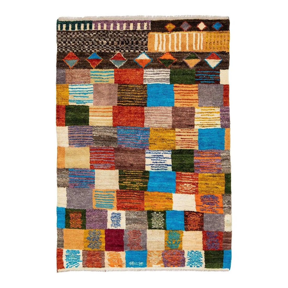 4'4 x 6'3 Baluch Style Wool Patchwork Rug: 4'4 x 6'3 Baluch Style Wool Patchwork Rug This modern Baluch-style wool rug features a vibrant checkerboard patchwork design, blending contemporary artistry with traditional tribal influences. Hand-wo