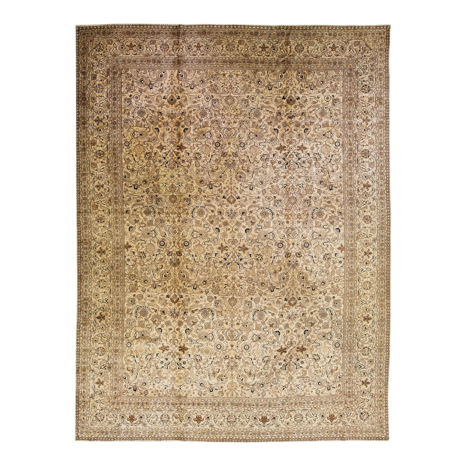 Oversize Antique Tabriz Persian Wool Rug 13'8 x 17'10 Floral Design: Oversize Antique Tabriz Persian Wool Rug 13'8 x 17'10 Floral Design This exquisite antique Tabriz rug showcases a stunning beige field accentuated with intricate brown and blue floral designs. Hand-kn