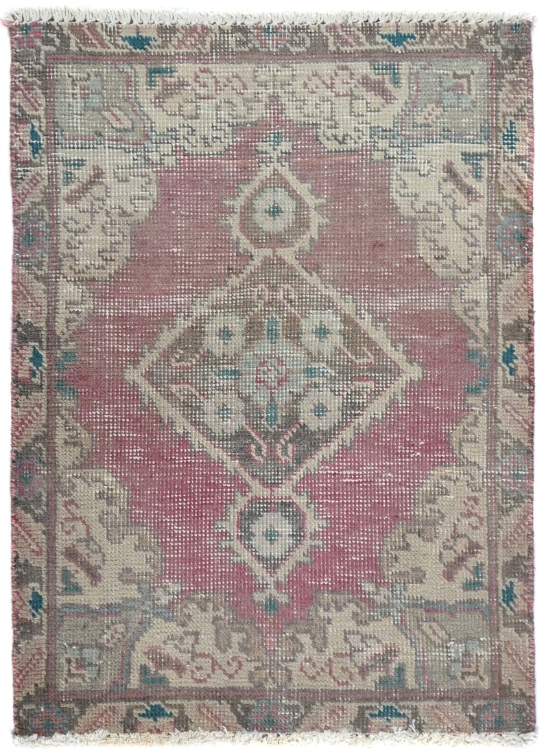 Vintage 1'7 x 2'2 ft Hand-Knotted Oriental Rug Floral Design Wool: Vintage 1'7 x 2'2 ft Hand-Knotted Oriental Rug Floral Design Wool Enhance your space with this semi-antique distressed oriental rug featuring a muted red floral design. Hand-knotted from high-quality 