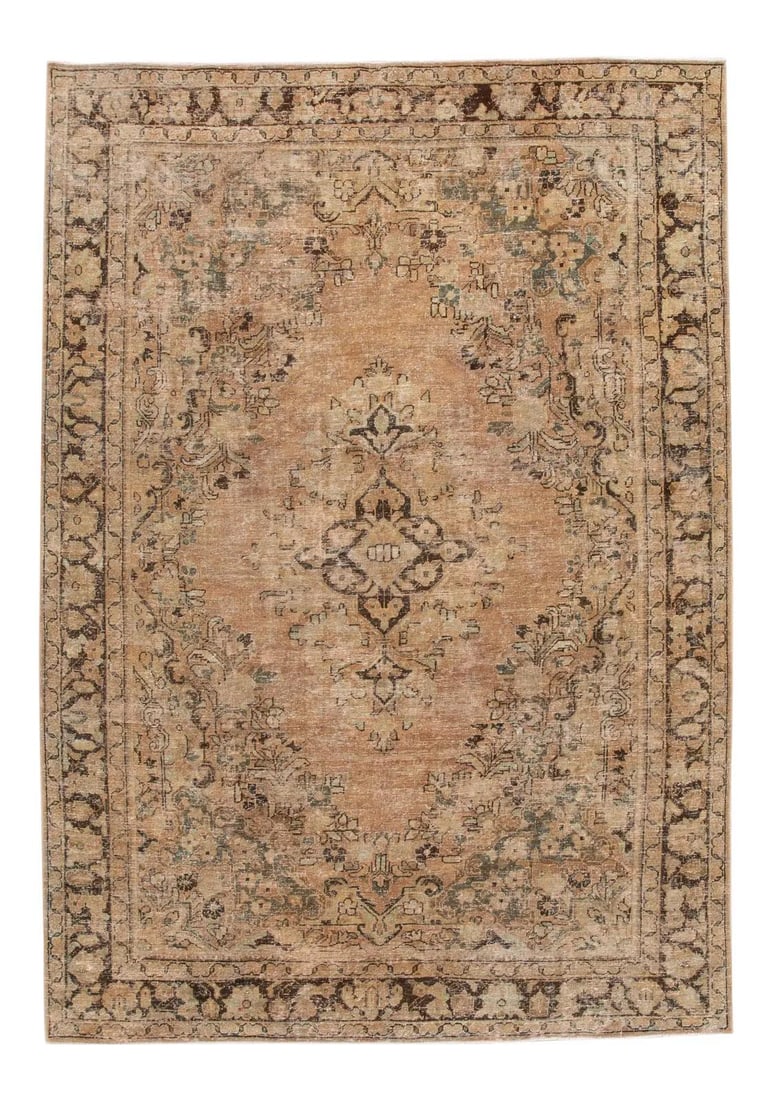 Vintage Handmade Peach Wool Rug 7' x 10'1' Medallion Design: Vintage Handmade Peach Wool Rug 7' x 10'1' Medallion Design Enhance your space with this exquisite vintage chic hand-knotted wool rug. Featuring a stunning tan and peach medallion design, this rug pre