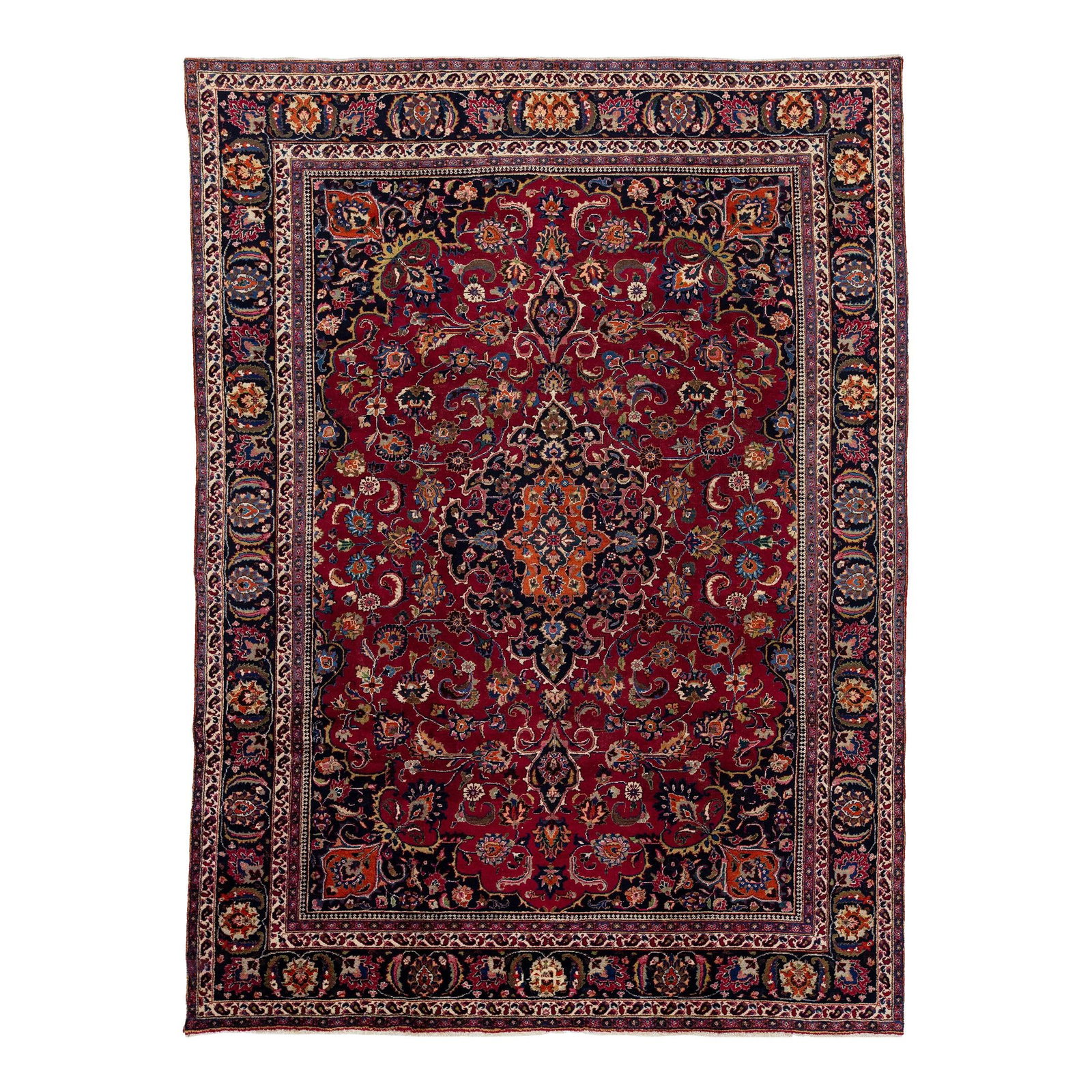 Vintage Kashan Hand-Knotted Red Wool Rug 7'7" x 10'5" Floral Design: Vintage Kashan Hand-Knotted Red Wool Rug 7'7" x 10'5" Floral Design Discover the elegance of this vintage Kashan hand-knotted wool rug, featuring a rich burgundy red field adorned with a vibrant all-o